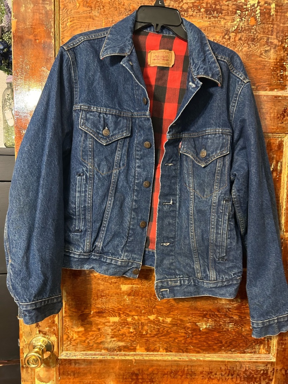 Men's Blue Denim Jacket with Red Plaid Lining